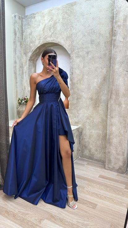 Blu Navy Una spalla Coulisse raso Abito da sera