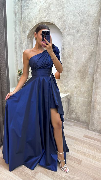 Blu Navy Una spalla Coulisse raso Abito da sera