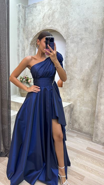 Blu Navy Una spalla Coulisse raso Abito da sera