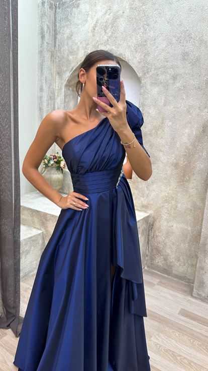 Blu Navy Una spalla Coulisse raso Abito da sera