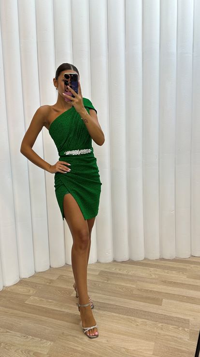 Green One Shoulder Belted Mini Evening Dress