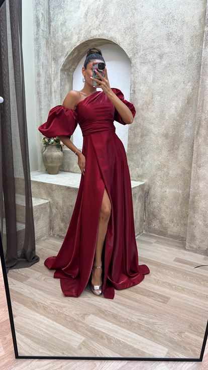 Bordo Balon Kol Abiye Elbise