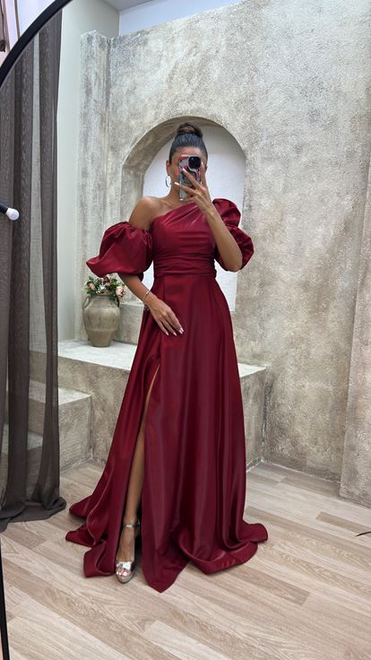 Bordo Balon Kol Abiye Elbise