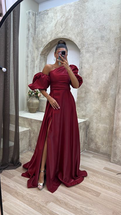 Bordo Balon Kol Abiye Elbise