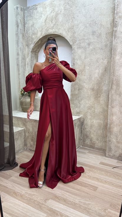 Bordo Balon Kol Abiye Elbise