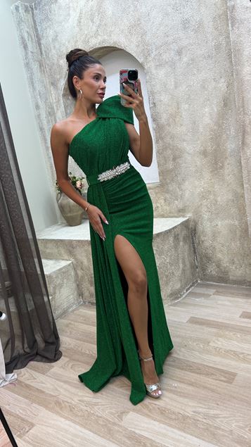 Emerald One Shoulder Belted Evening Dress