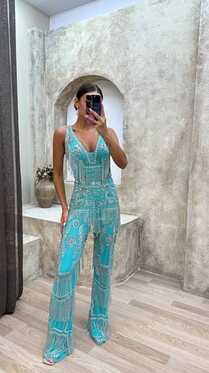 Robe de combinaison brodée spéciale à franges turquoise