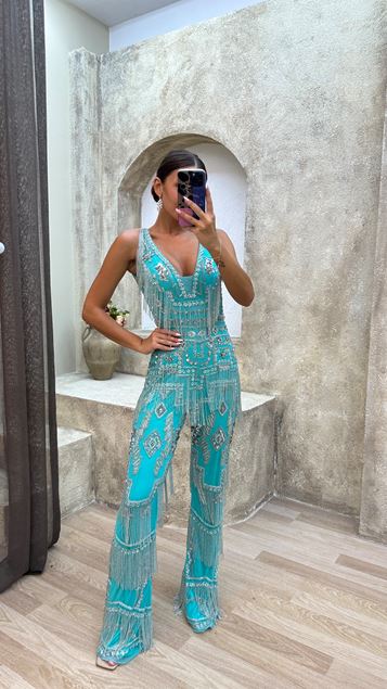 Turquoise Fringed Special Embroidered Jumpsuit Dress