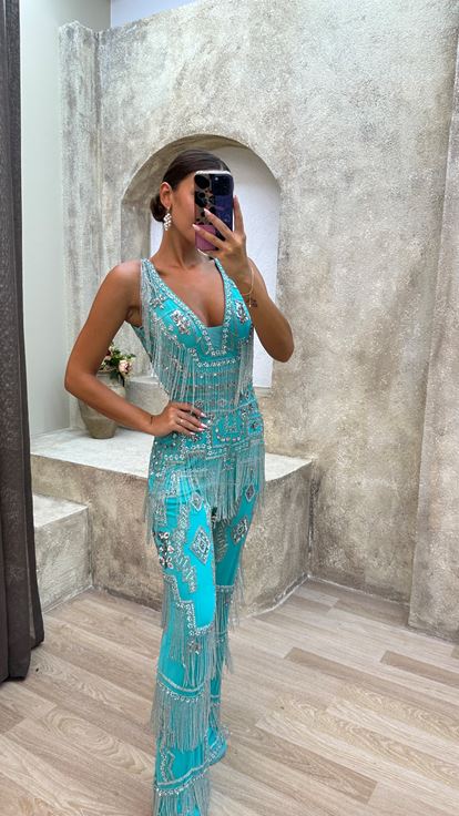 Robe de combinaison brodée spéciale à franges turquoise