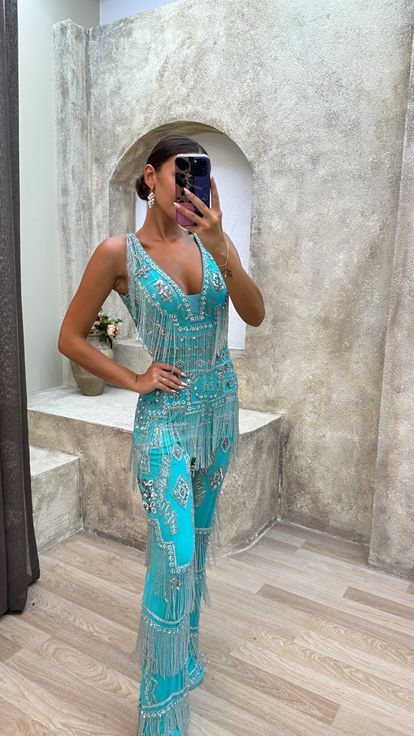 Robe de combinaison brodée spéciale à franges turquoise