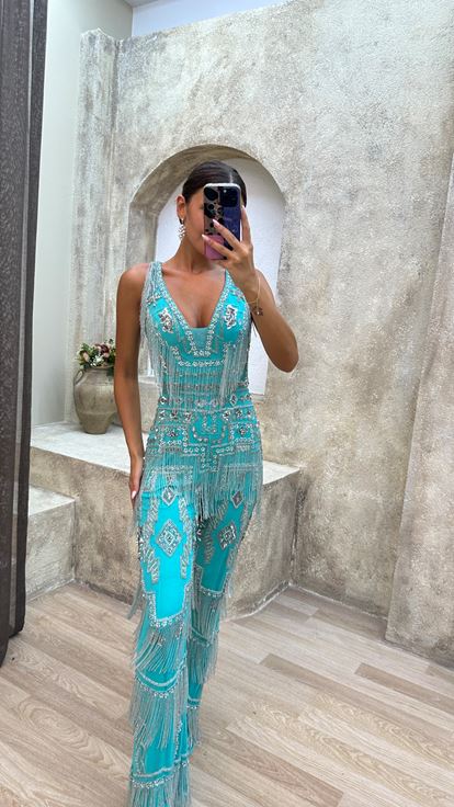 Robe de combinaison brodée spéciale à franges turquoise