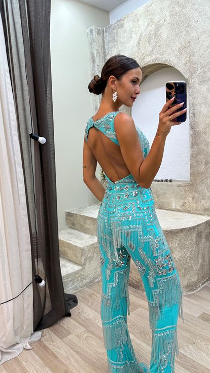 Robe de combinaison brodée spéciale à franges turquoise