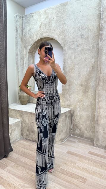 Black Fringed Custom Embroidered Jumpsuit Dress