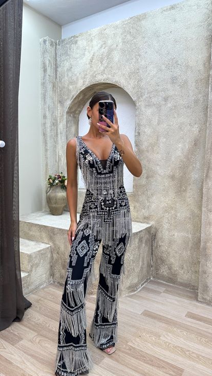 Black Fringed Custom Embroidered Jumpsuit Dress