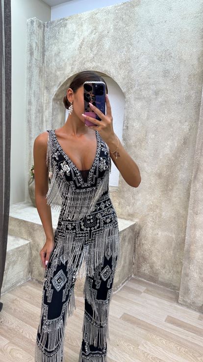 Black Fringed Custom Embroidered Jumpsuit Dress