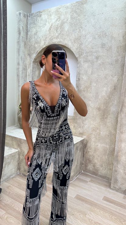 Black Fringed Custom Embroidered Jumpsuit Dress