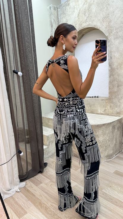 Black Fringed Custom Embroidered Jumpsuit Dress