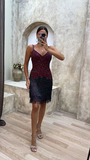 Burgundy Fringed Special Embroidered Midiboy Dress