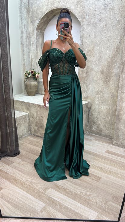 Zümrüt Transparan Detay Abiye Elbise