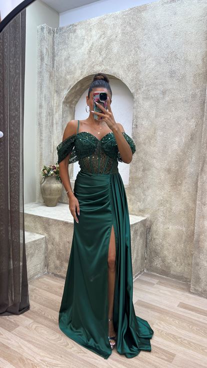 Zümrüt Transparan Detay Abiye Elbise