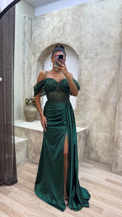 Zümrüt Transparan Detay Abiye Elbise