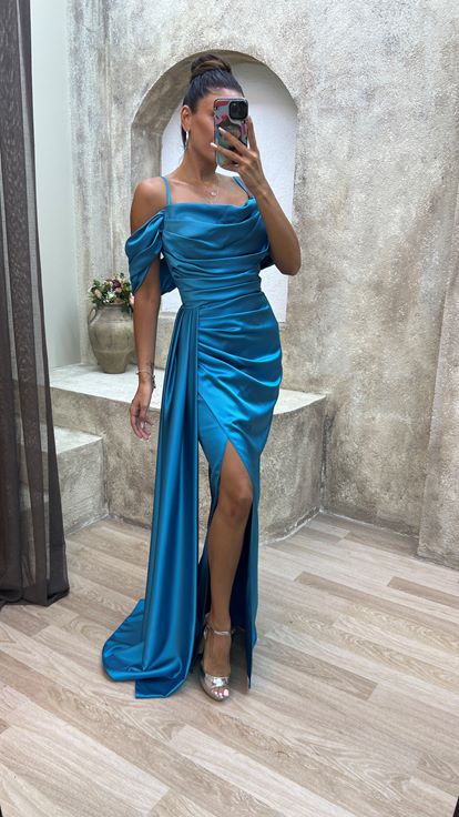 Vestido de noche con cordón de cuerda turquesa