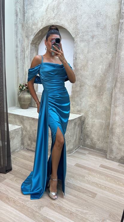 Vestido de noche con cordón de cuerda turquesa