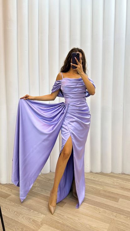 Lila İp Askılı Büzgülü Abiye Elbise