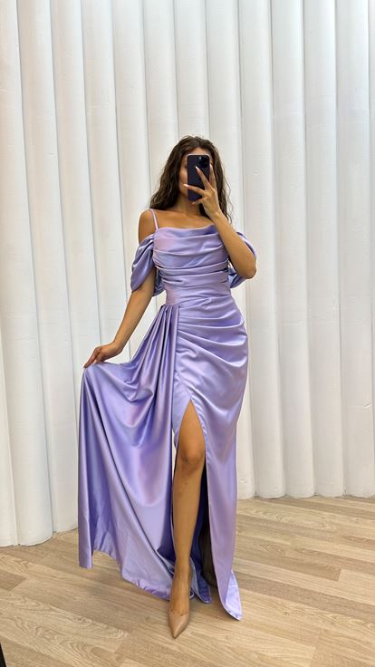 Lila İp Askılı Büzgülü Abiye Elbise