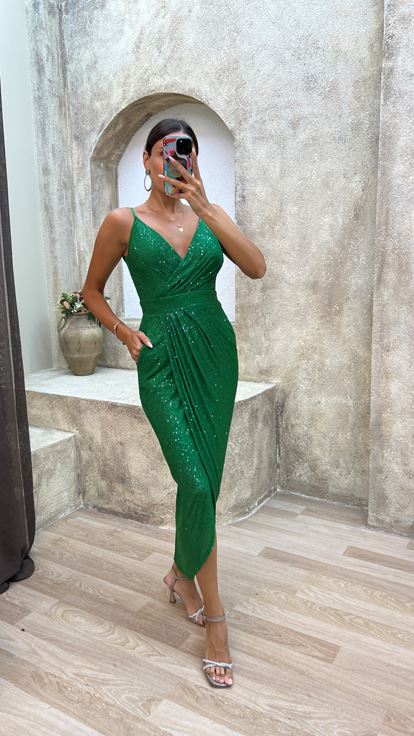 Green Rope Strap Back Detail Midi Sequin Evening Dress