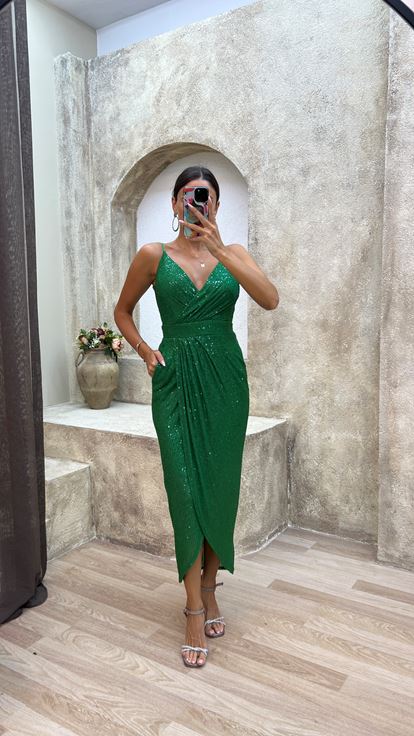 Green Rope Strap Back Detail Midi Sequin Evening Dress