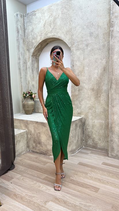 Green Rope Strap Back Detail Midi Sequin Evening Dress