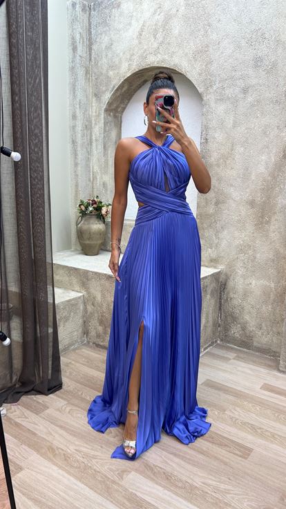 Mavi Sırt Detay Beli Çapraz Pliseli Saten Abiye Elbise
