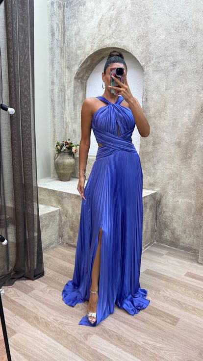 Mavi Sırt Detay Beli Çapraz Pliseli Saten Abiye Elbise