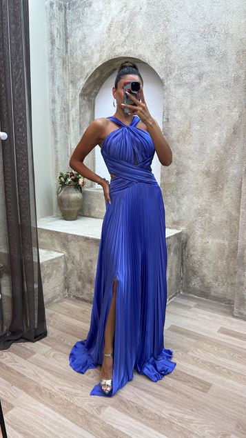 Bleu dos Détail Cross Plashed Satin Robe de soirée