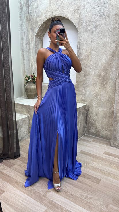 Mavi Sırt Detay Beli Çapraz Pliseli Saten Abiye Elbise