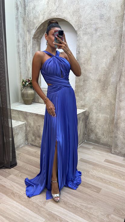 Mavi Sırt Detay Beli Çapraz Pliseli Saten Abiye Elbise