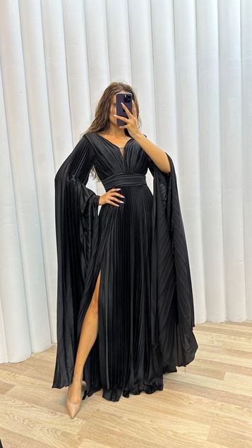 Black V-Neck Pleated Ghost Sleeve Evening Dress