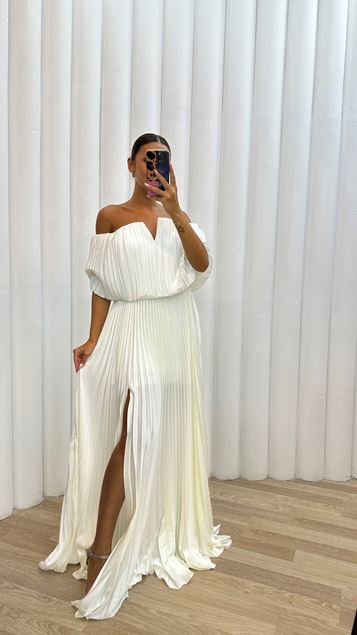 White Strapless Pleat Detail Design Chiffon Evening Dress White Strapless Pleated Chiffon Evening Dress