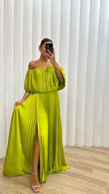 Sarı Straplez Pliseli Saten Abiye Elbise
