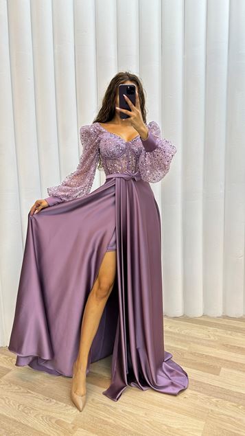 Lilas Balloon Sleeve V-Neck Brodé Satin Robe de soirée