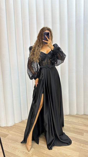Black Balloon Sleeve V-Neck Brodé Satin Robe de soirée