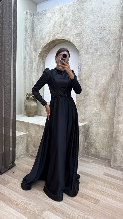 Black Waistband Embroidered Waist Satin Hijab Evening Dress