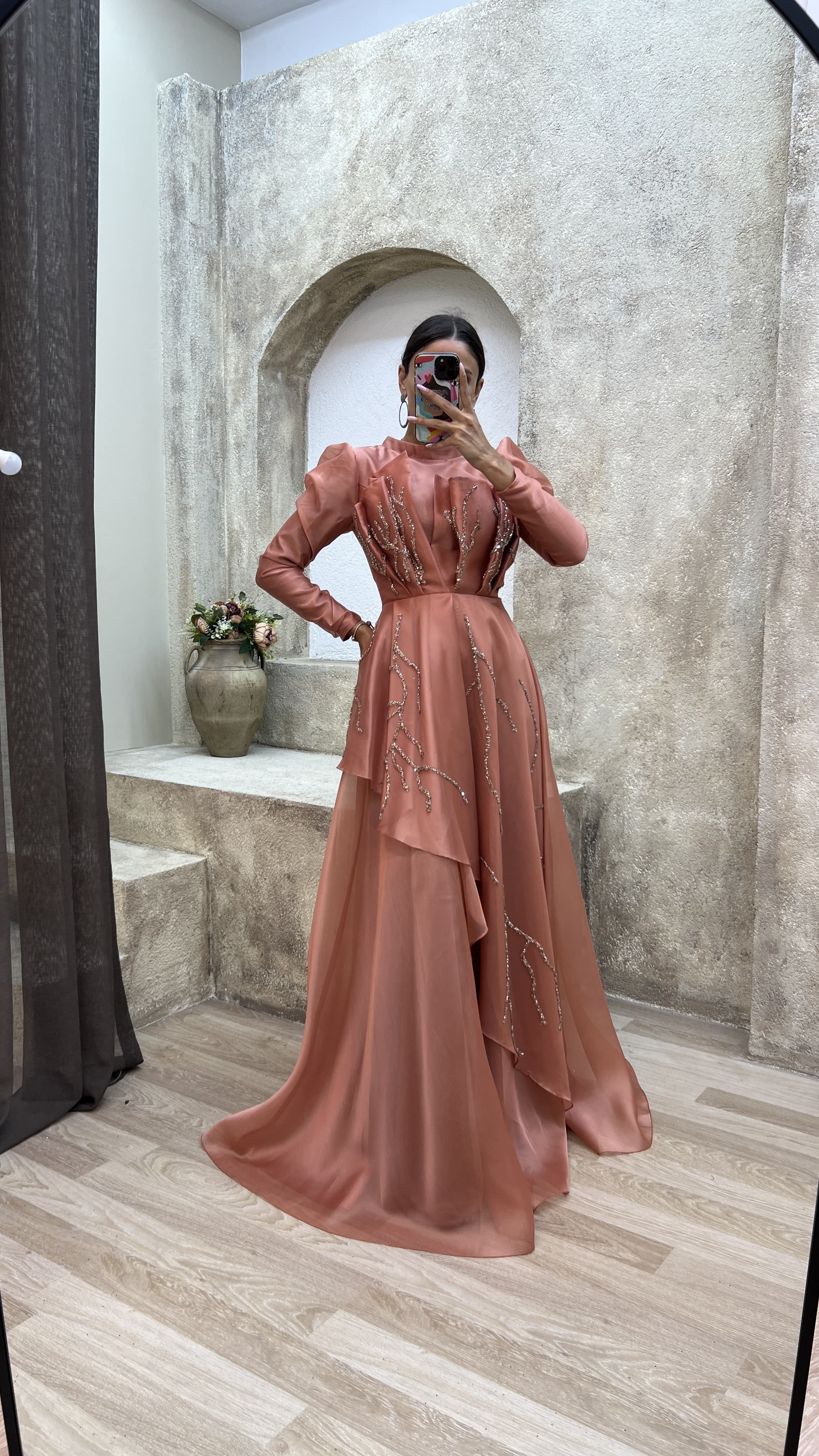 Tile Chest Embroidered Flounce Balloon Sleeve Hijab Evening Dress
