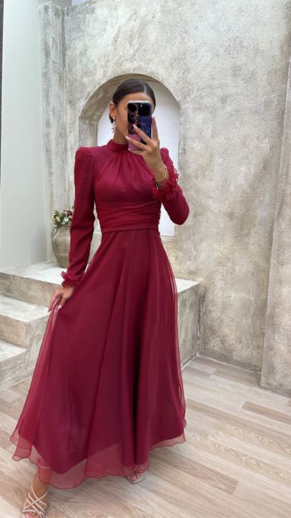 Burgundy Waist Detail Shoulder Waistcoat Design Hijab Tulle Evening Dress