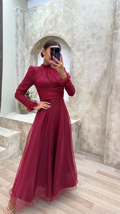 Burgundy Waist Detail Shoulder Waistcoat Design Hijab Tulle Evening Dress