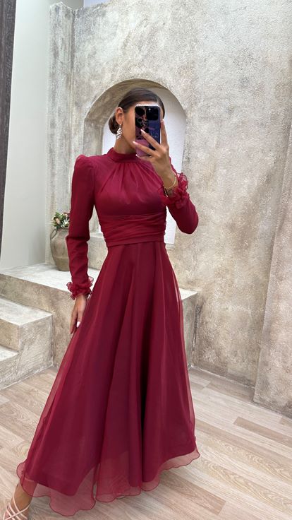 Burgundy Waist Detail Shoulder Waistcoat Design Hijab Tulle Evening Dress