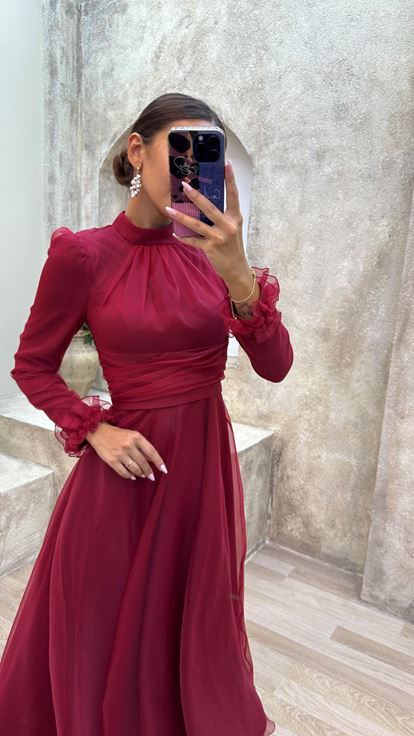Burgundy Waist Detail Shoulder Waistcoat Design Hijab Tulle Evening Dress