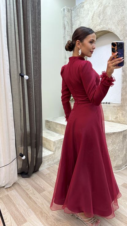 Burgundy Waist Detail Shoulder Waistcoat Design Hijab Tulle Evening Dress