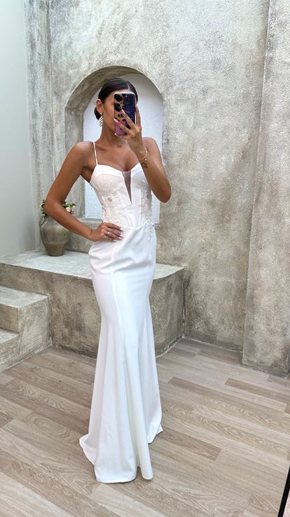 White Rope Strap Back Cross Embroidery Detail Design Evening Dress